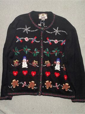 Tiara International Vtg Christmas Knit Cardigan Sweater Gingerbread Snowman L